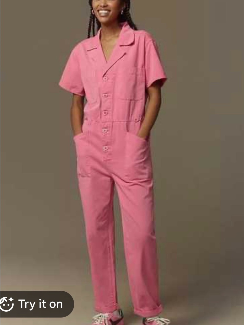 pistola Pink Short-Sleeve Button-Front Utility Jumpsuit